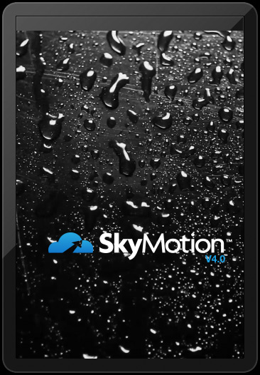 Écran d'accueil de SkyMotion pour iOS. Point intéressant: le fond de pluie devient de la neige en hiver!
