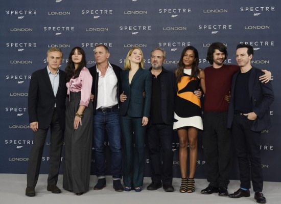 007 Spectre (L-R) Austrian actor Christoph Waltz, Italian actress Monica Belluci, British actor Daniel Craig, French actress Lea Seydoux, British director Sam Mendes, British actress Naomi Harris, British actor Ben Whishaw and Irish actor Andrew Scott pose for photographers during a photocall to unveil the new James Bond film 'Spectre' at a hotel in Central London, Britain, 22 October 2015. The 24th Bond movie will be released in British theaters on 26 October, the same day as its world premiere in London. EPA/FACUNDO ARRIZABALAGA