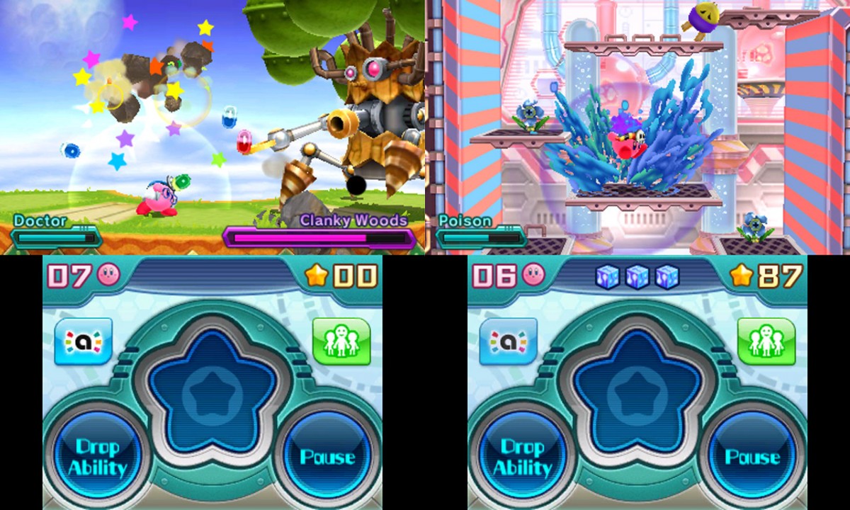 À gauche : Kirby affront un boss. À droite : une séquence de plateformes du jeu