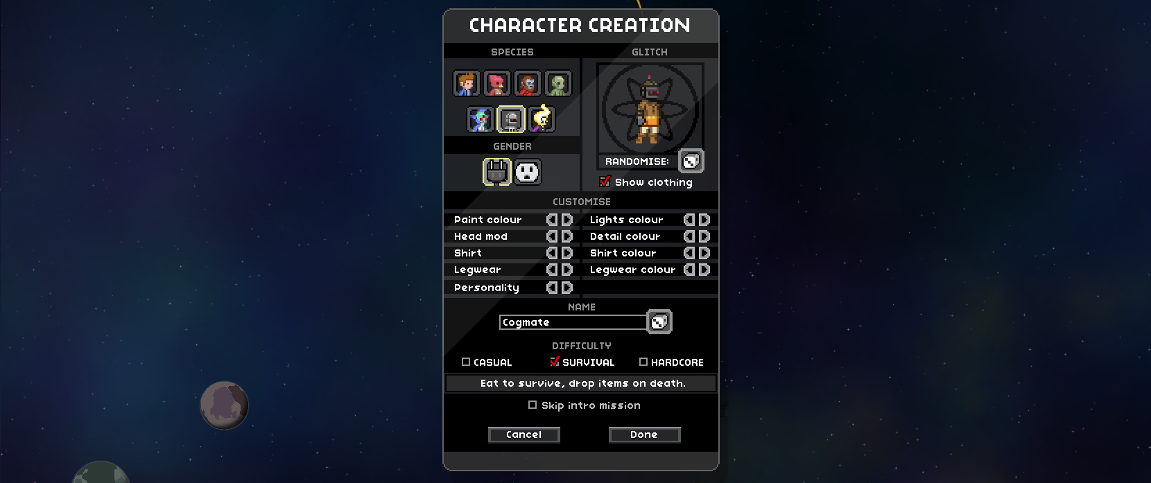 Le menu de création du personnage de Starbound