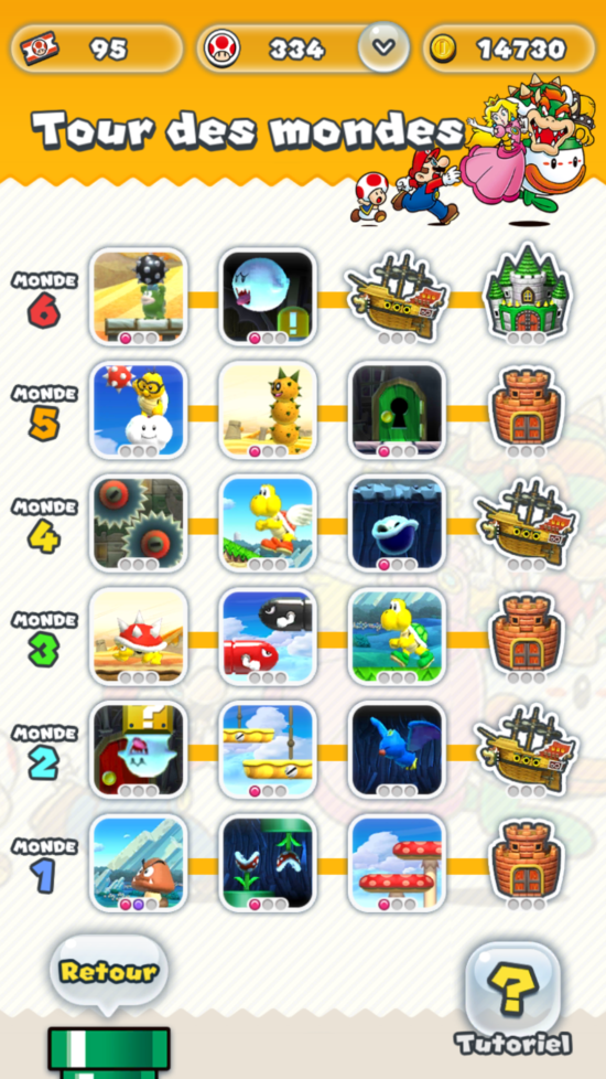 L'entièreté des tableaux disponibles peut être vue sur un seul écran. - Super Mario Run