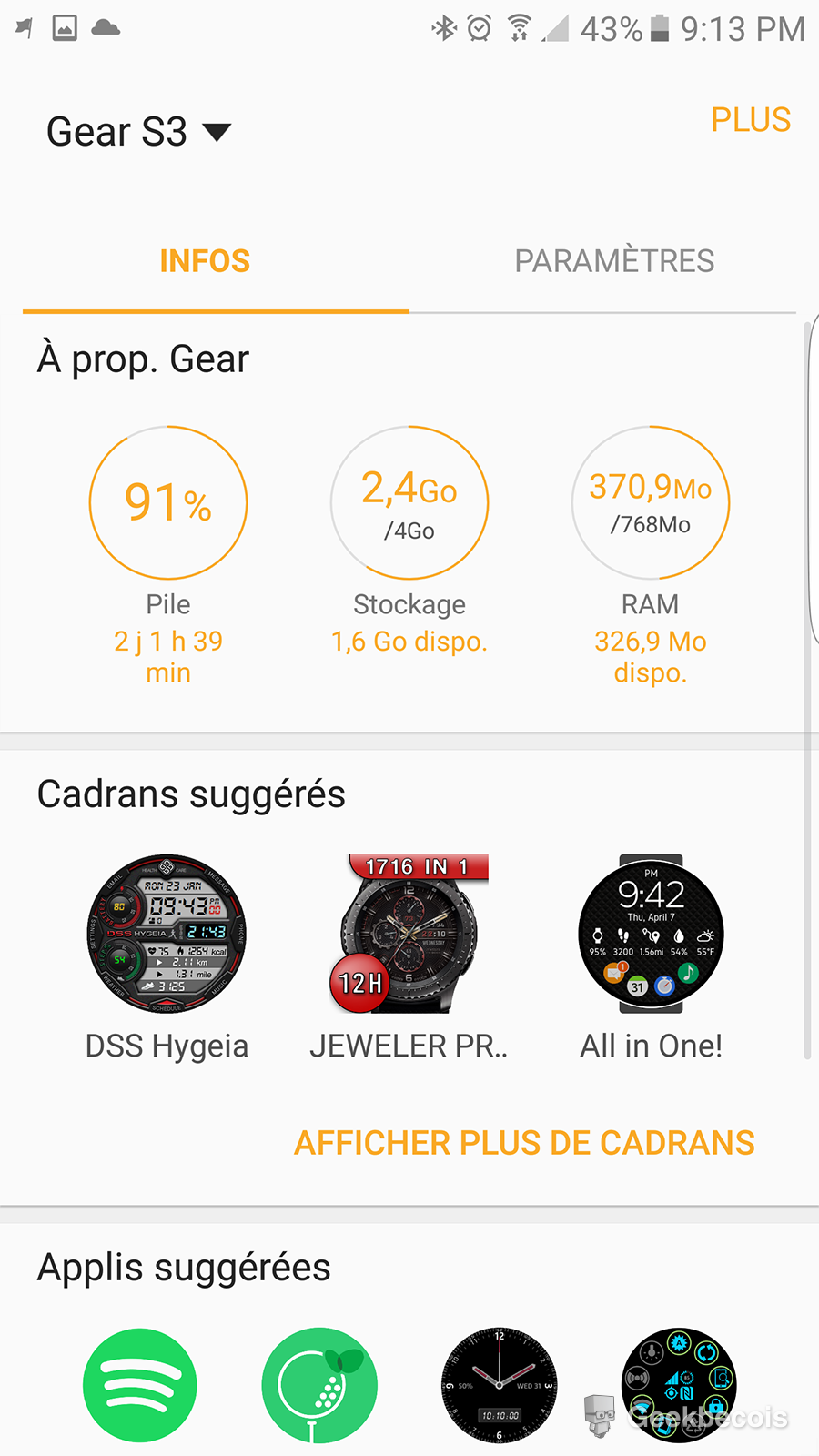 Tabeau de bord | Samsung Gear S3